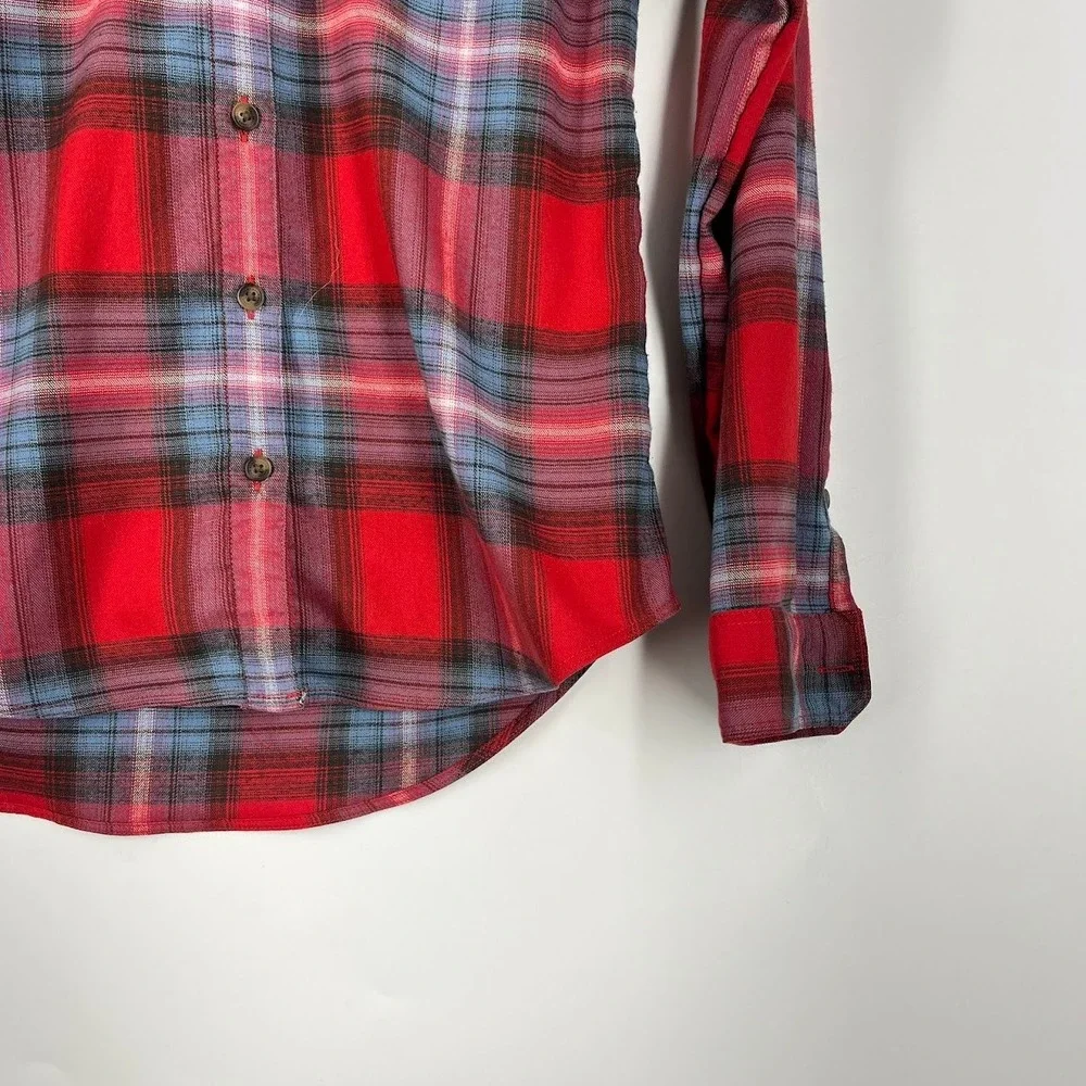 Eddie‎ Bauer Red Blue Plaid Flannel Button Down Shirt Womens Long Sleeve Pockets